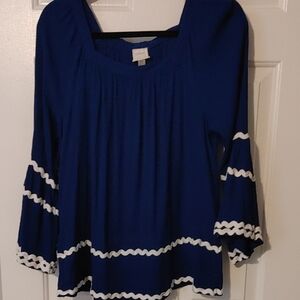 Cupio Royal Blue Peasant Blouse with White Trim